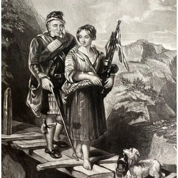 Blind Piper Scottish Bagpipes Engraving 1859 Victorian Highlands Music Art DWY5G - Picture 1 of 2